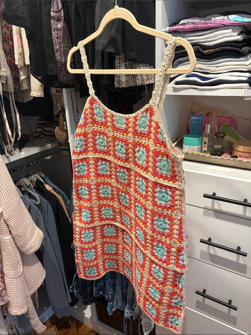 Aqua Crochet Square-Pattern Tank Dress in Coral, Teal & Cream